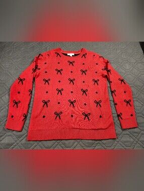 Charter Club red sweater allover black bow pattern subtle rhinestone pullover